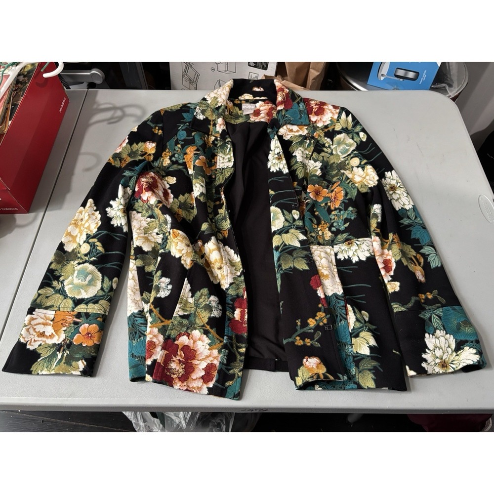 Chicos Floral Blazer Women Size 12 Open Front Jacket Summer Casual Work Vacation